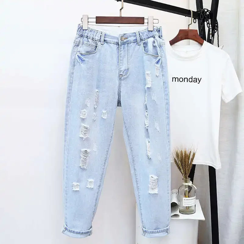 4XL 5XL Plus Size Jeans Woman High Waist Denim Trousers Loose Hole Ripped Jeans For Women Washed Summer Autumn Jean Femme C7419